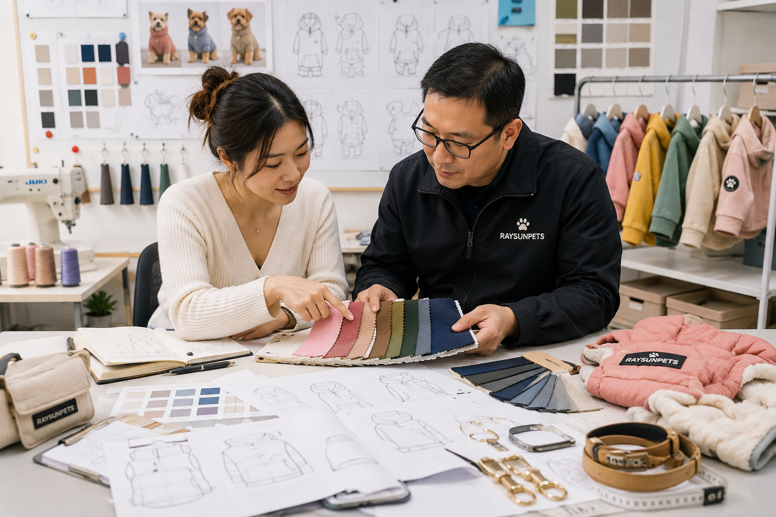 two people, a designer and a factory manager, collaborating over fabric swatches for dog clothes